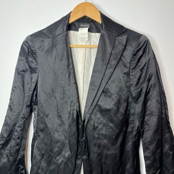 Apanage Women's Size 8 38 Vintage Satin Long Sleeve Blazer Suit Solid Black - Picture 3 of 16
